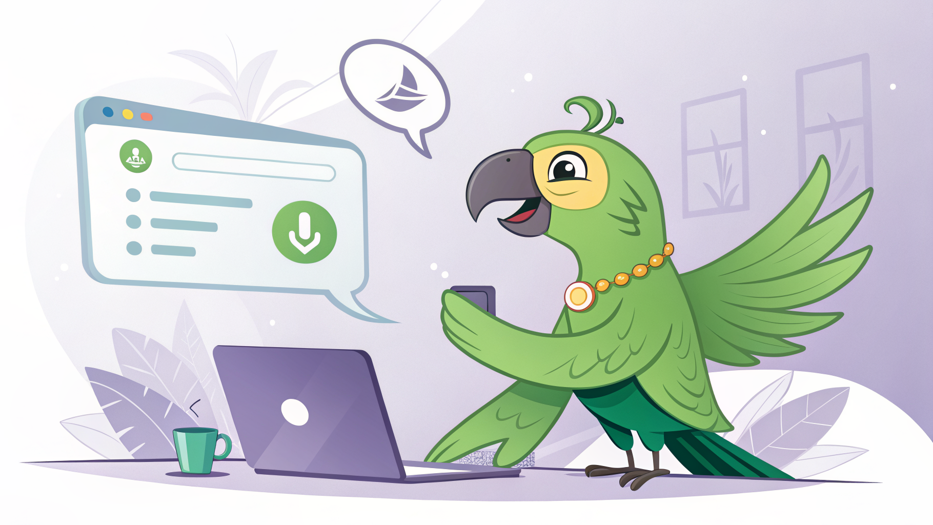 Green parrot mascot beside an AI chat interface showing a citation link