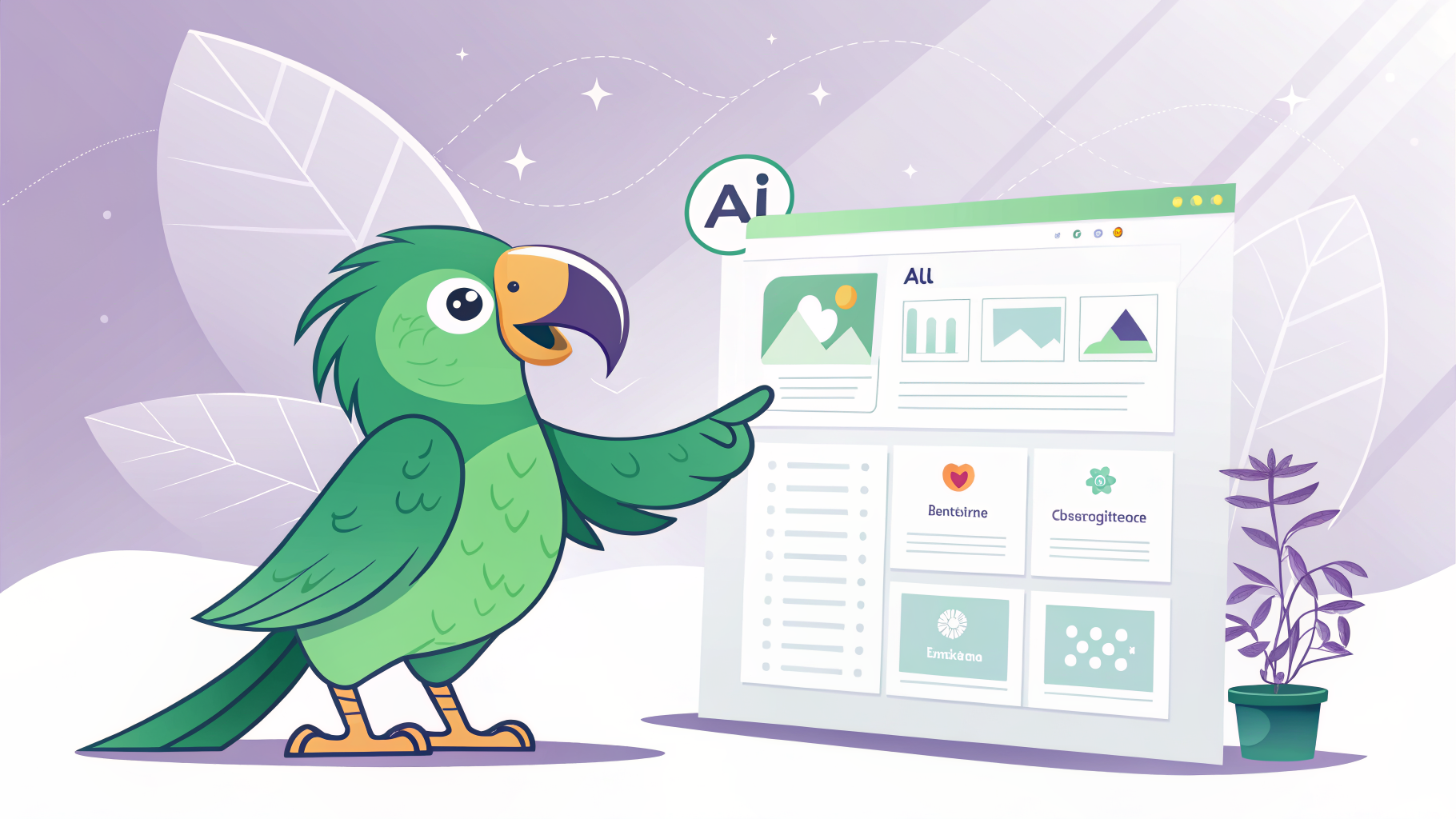 Green parrot mascot beside a search page showing an AI Overview summary box with cited sources