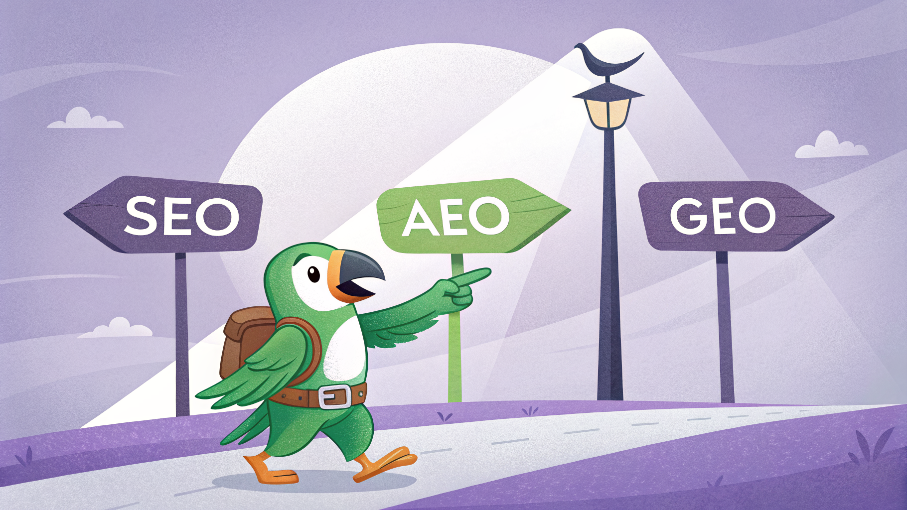 Green parrot mascot at a signpost showing SEO, AEO, and GEO paths