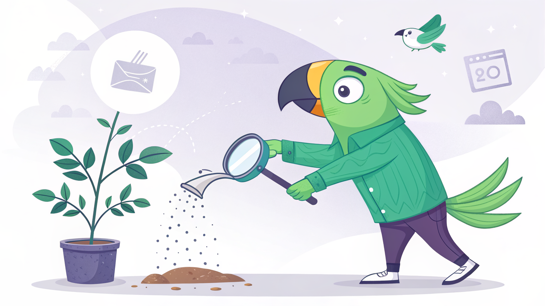 Green parrot mascot nurturing a magnifying-glass plant, symbolizing SEO evolving