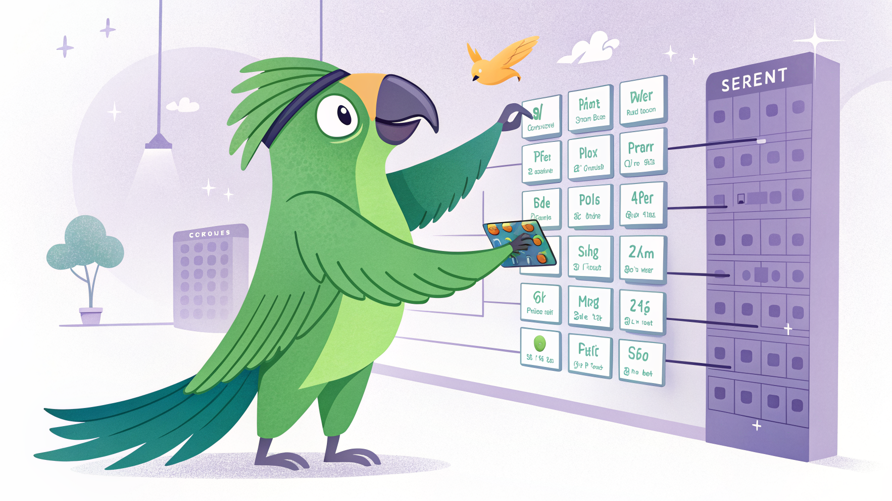 Green parrot mascot arranging structured data schema tags into neat rows