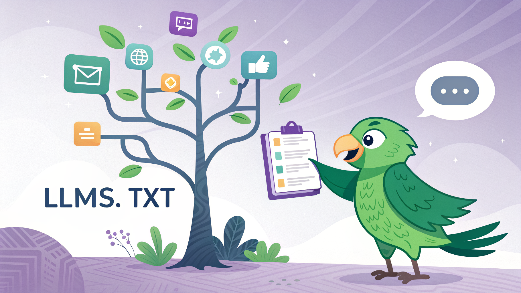 Green parrot placing an llms.txt file at a website root for AI engines to read