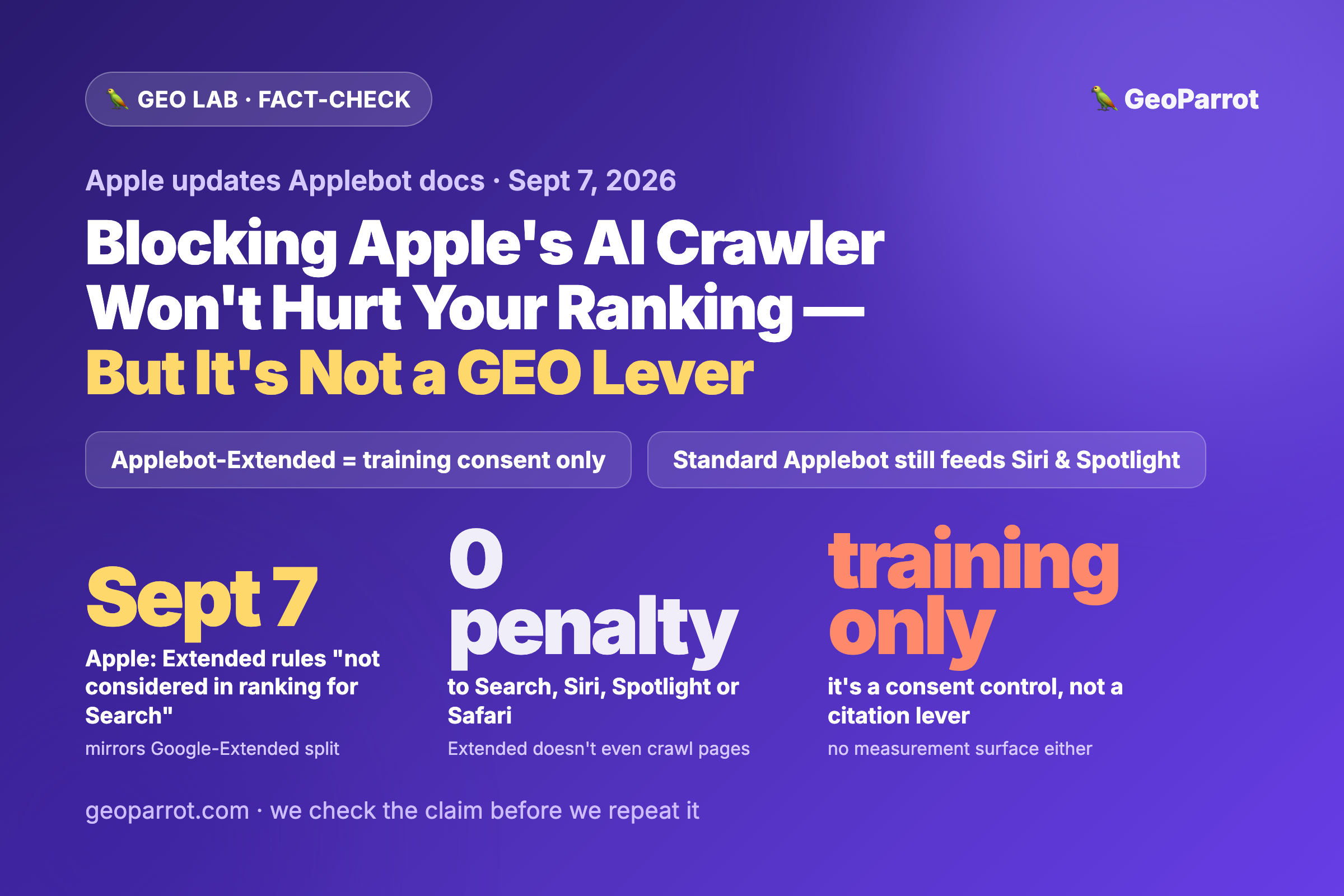 Apple Says Blocking Its AI Training Crawler Won’t Hurt Search Ranking — Here’s Why It’s Not a GEO Lever