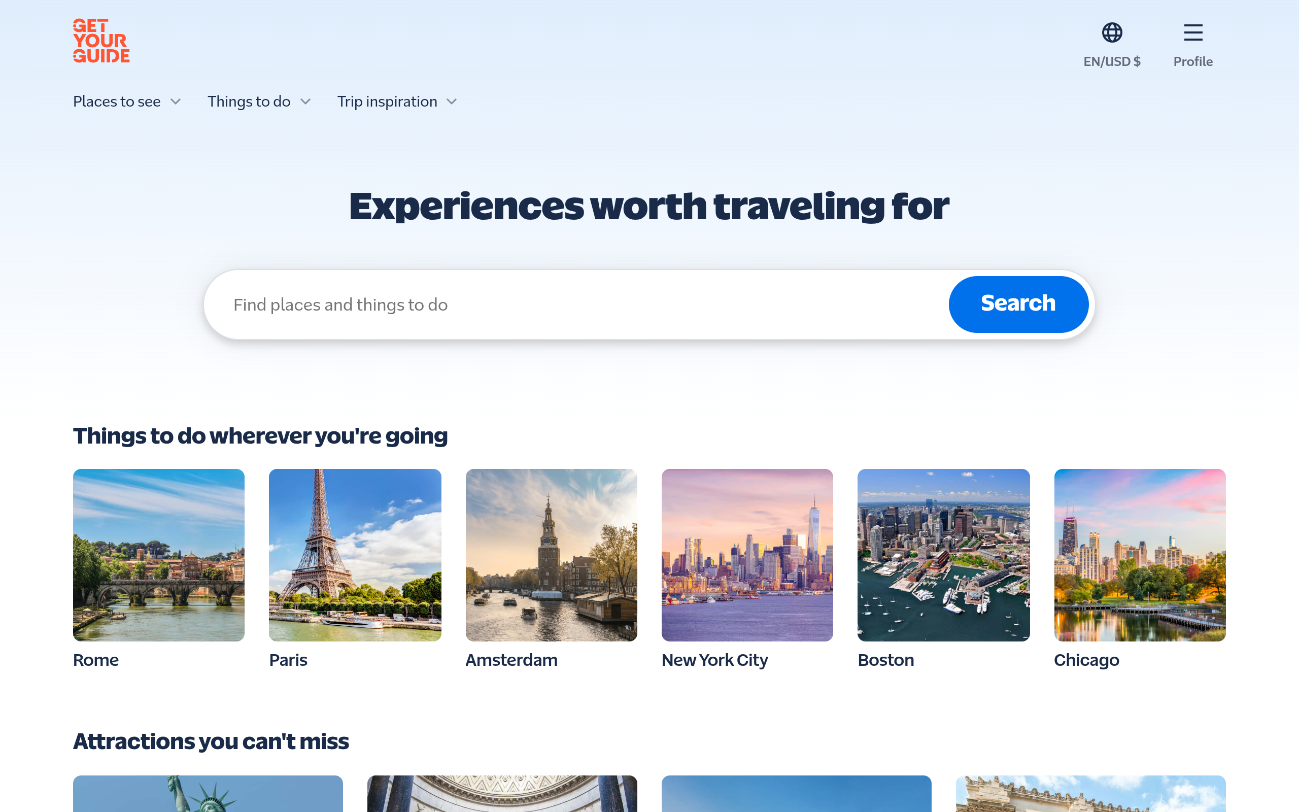 Actual GetYourGuide homepage