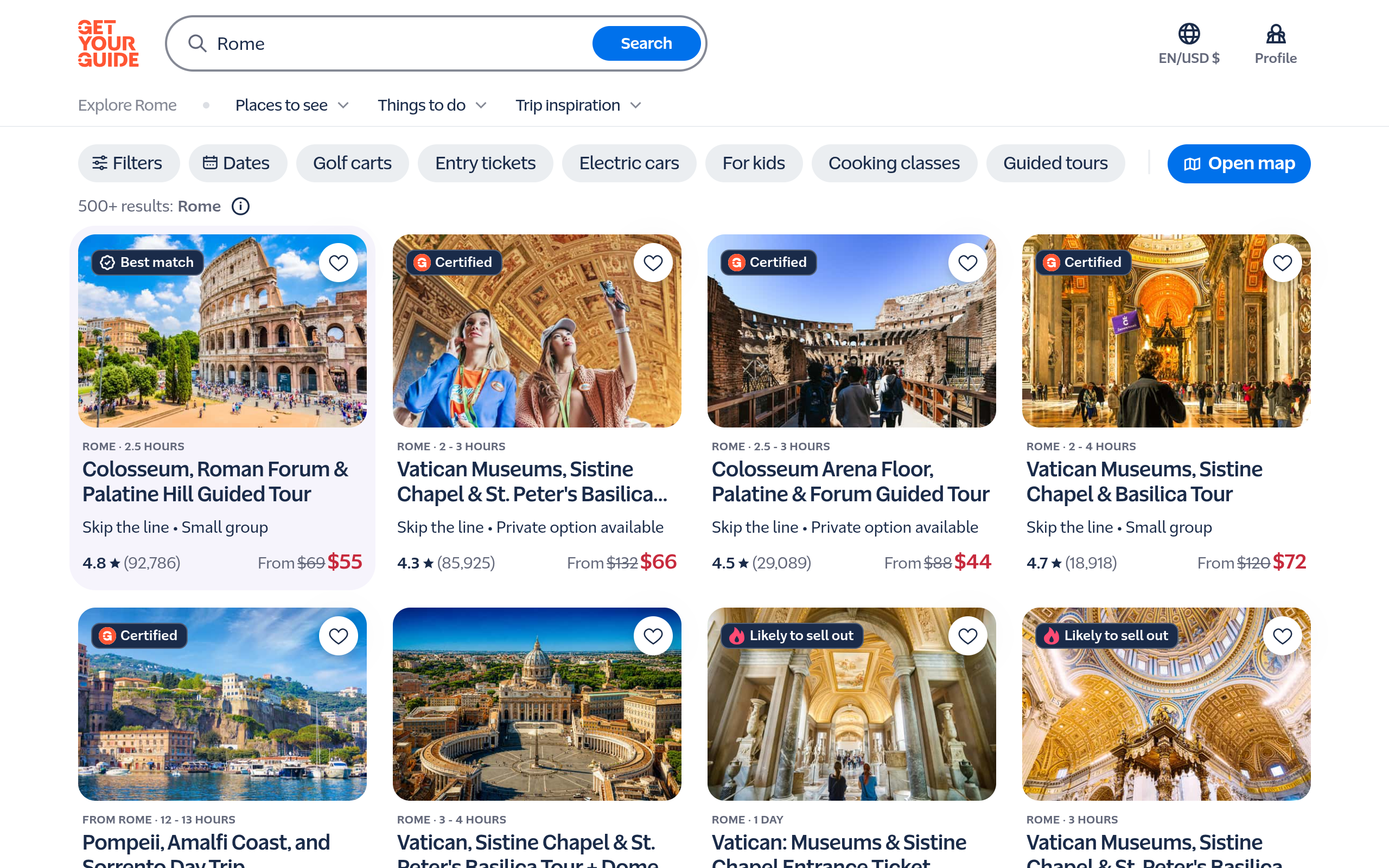GetYourGuide Rome product comparison screen