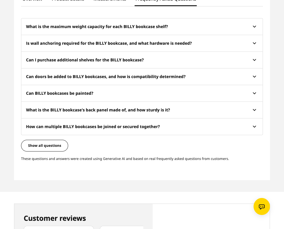IKEA US BILLY product page FAQ tab with Generative AI disclosure