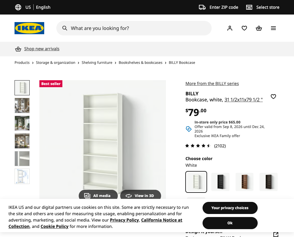 IKEA US BILLY bookcase product page