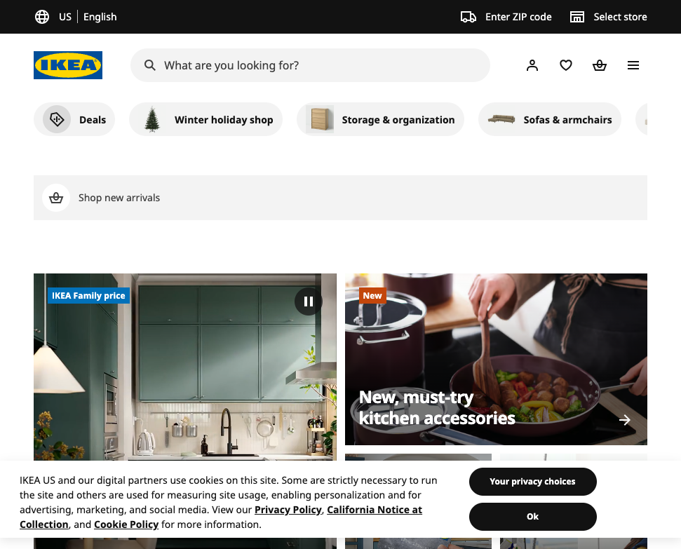 Actual IKEA US public homepage with personalised merchandising rail and seasonal offers.