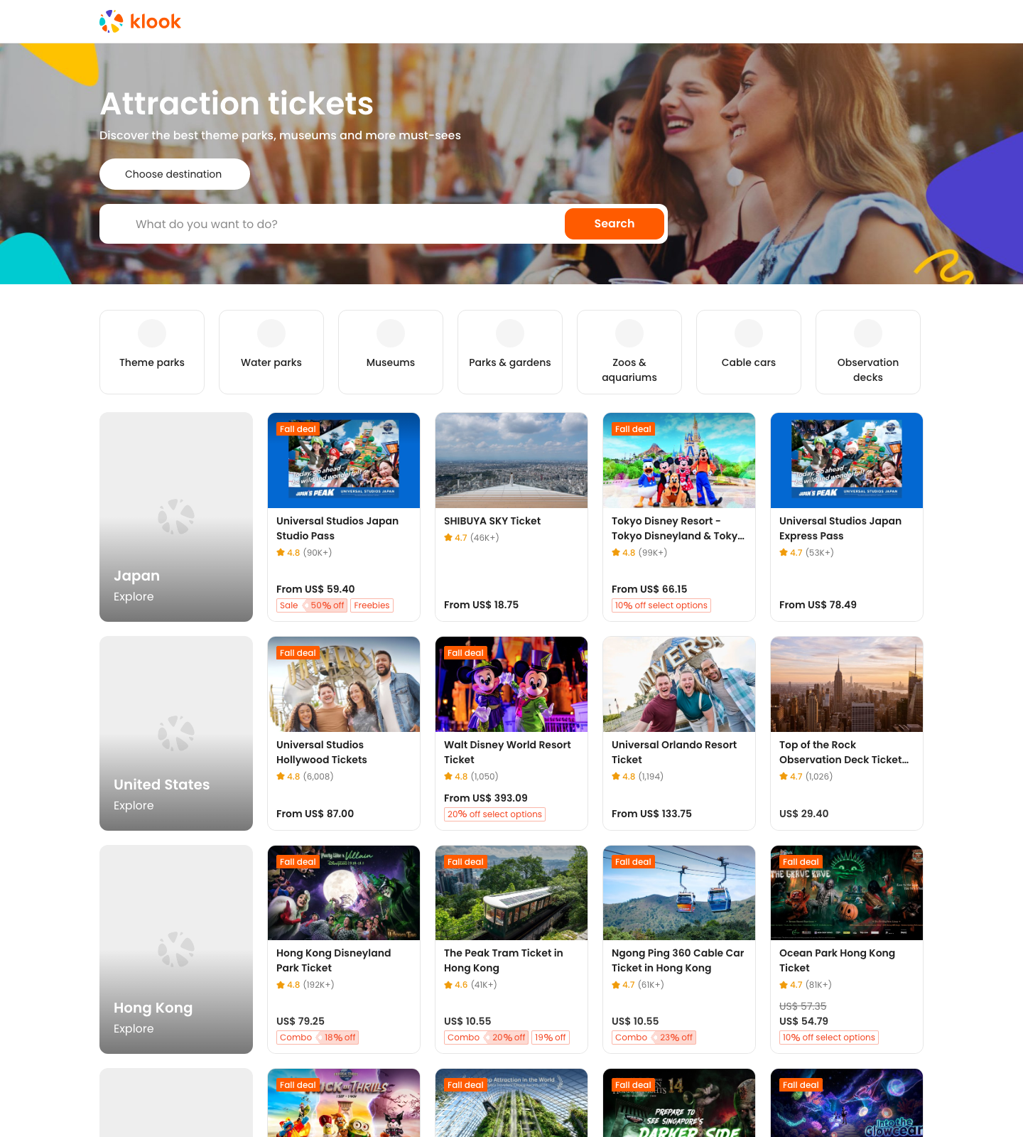 Actual Klook attraction tickets landing page