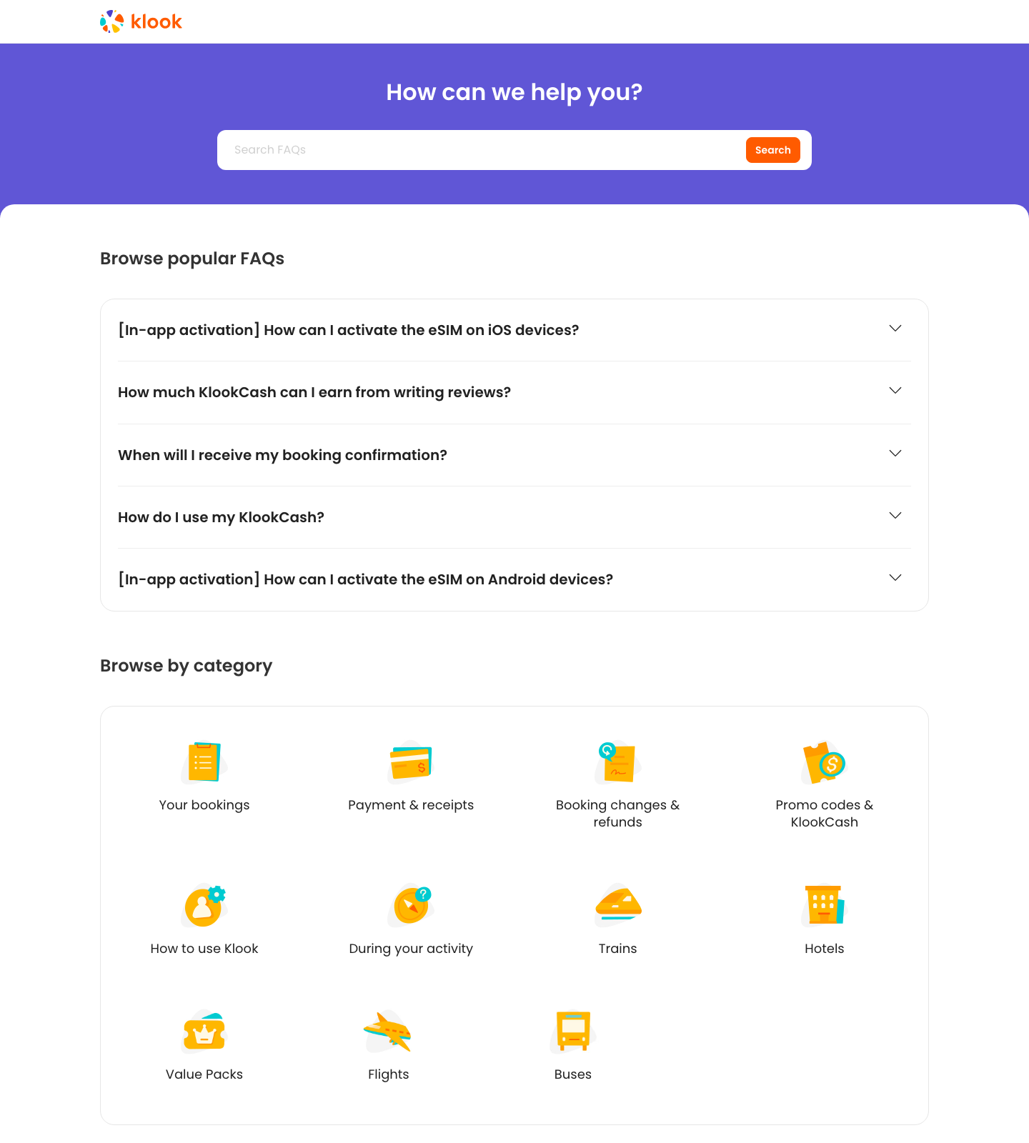 Klook Help Center with search and support categories