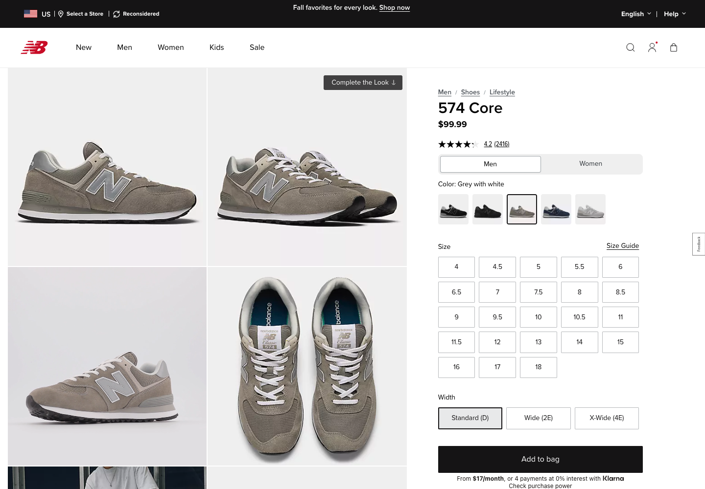 New Balance 574 Core product page